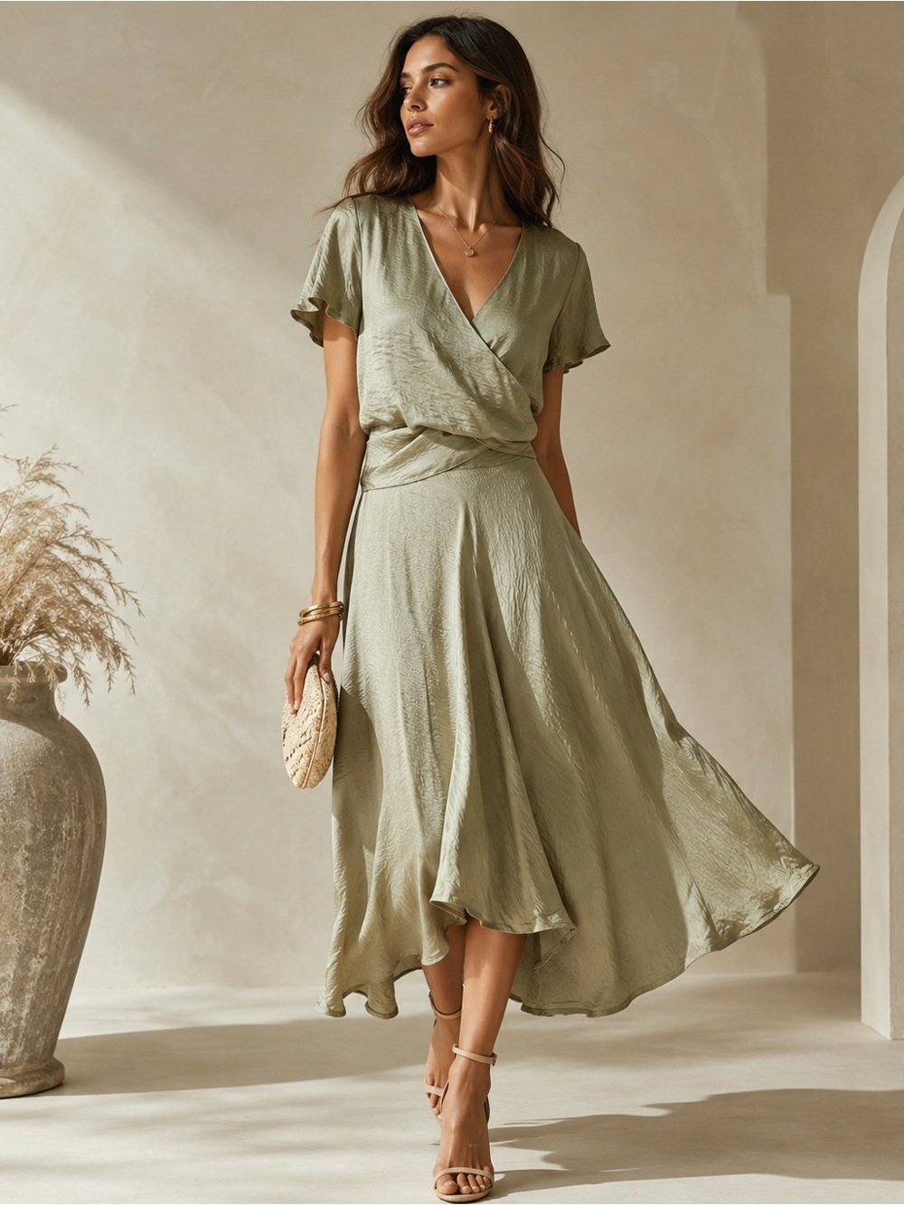 Satin Wrap Midi Dress in Sage Green